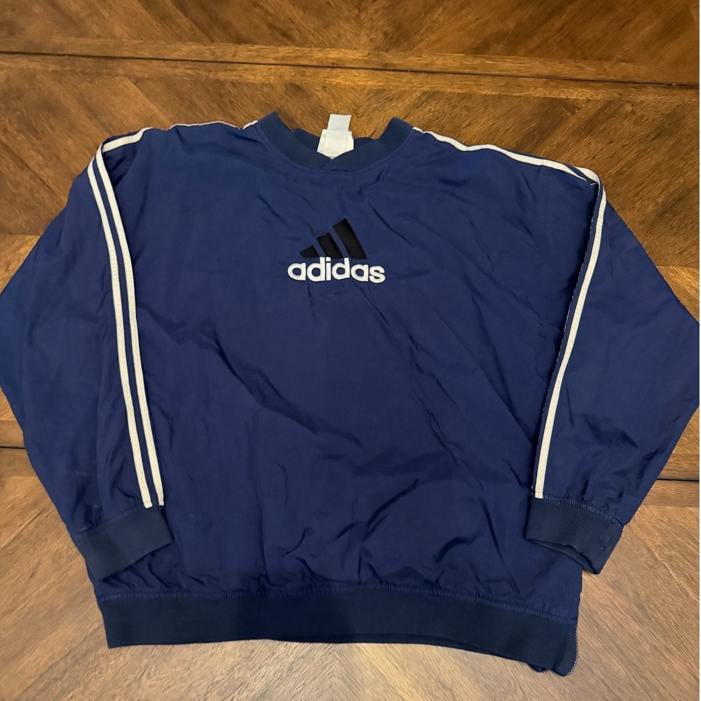 Adidas Vintage Navy Blue Pullover Windbreaker Three Stripe Ribbed Crewneck XL